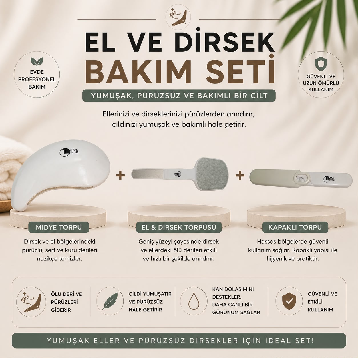 El Ve Dirsek Bakım Seti Dirsek Bakım Törpüsü+ Kapaklı Törpü+ Midye Törpü